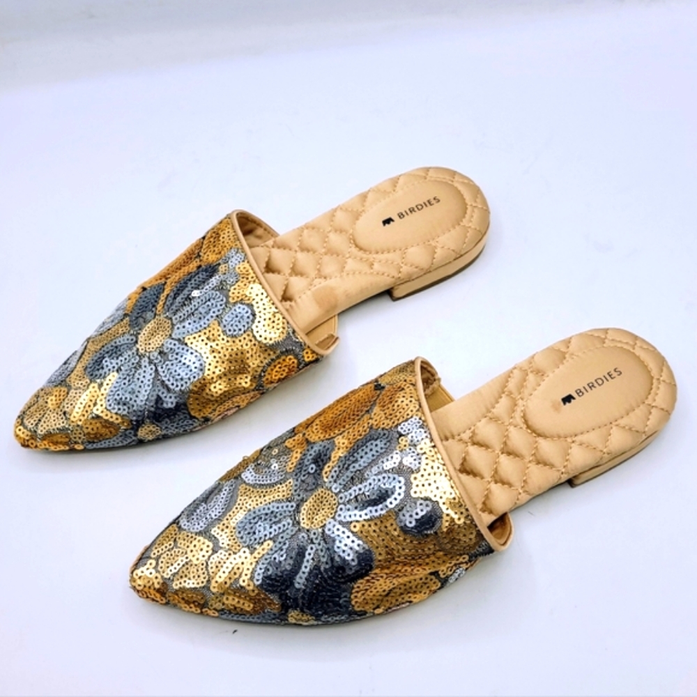 Birdies The Dove In Petal Gold and Silver Sequin Pointed Toe Mules Size 7.5 - Picture 16 of 16
